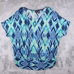 Chicos Travelers Liquid Knit Top 3 Blue Diamond Banded Bottom Dolman Stretch XL